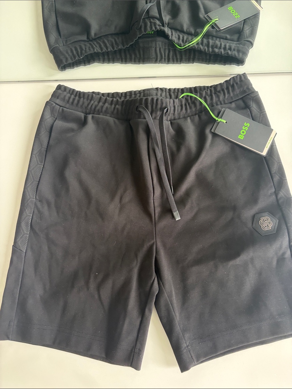 BOSS Black Men's Athletic Drawstring Shorts with Neon Green Tag